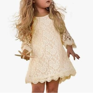 April Girl | Floral Lace Scallop Trim 3/4 Sleeve Dress Cream/Light Yellow (8-9)
